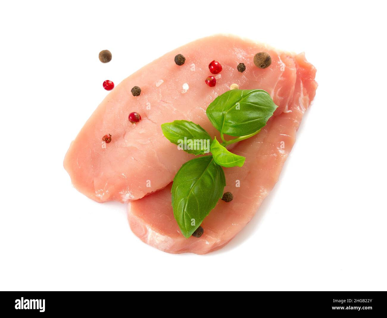 Rohes Schweinefleisch Stücke isoliert auf weißem Hintergrund Stockfoto