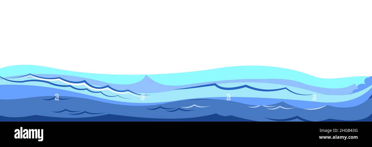 Wellen von Wasser in einem Fluss, Meer oder Meer. Fluss. Isoliert auf weißem Hintergrund. Schwimmen, Tauchen und Wassersport. Illustration im Cartoon-Stil. Flach Stockfoto