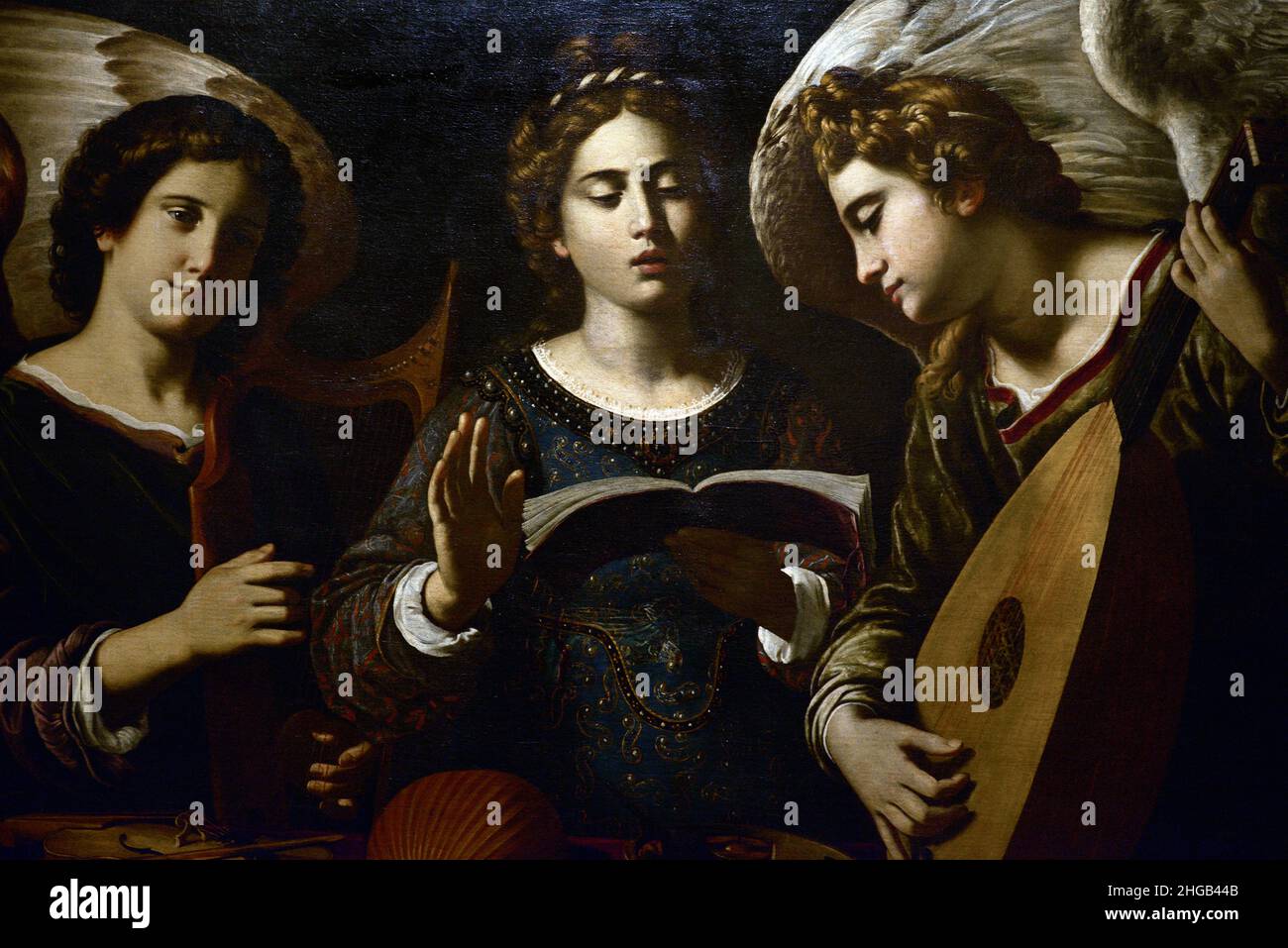 Antiveduto Grammatica (1571-1626). Italienischer Maler. Die heilige Cecilia mit zwei Engeln, um 1620. Details. Öl auf Leinwand (100 x 126 cm). Nationalmuseum für Alte Kunst Lissabon, Portugal. Stockfoto
