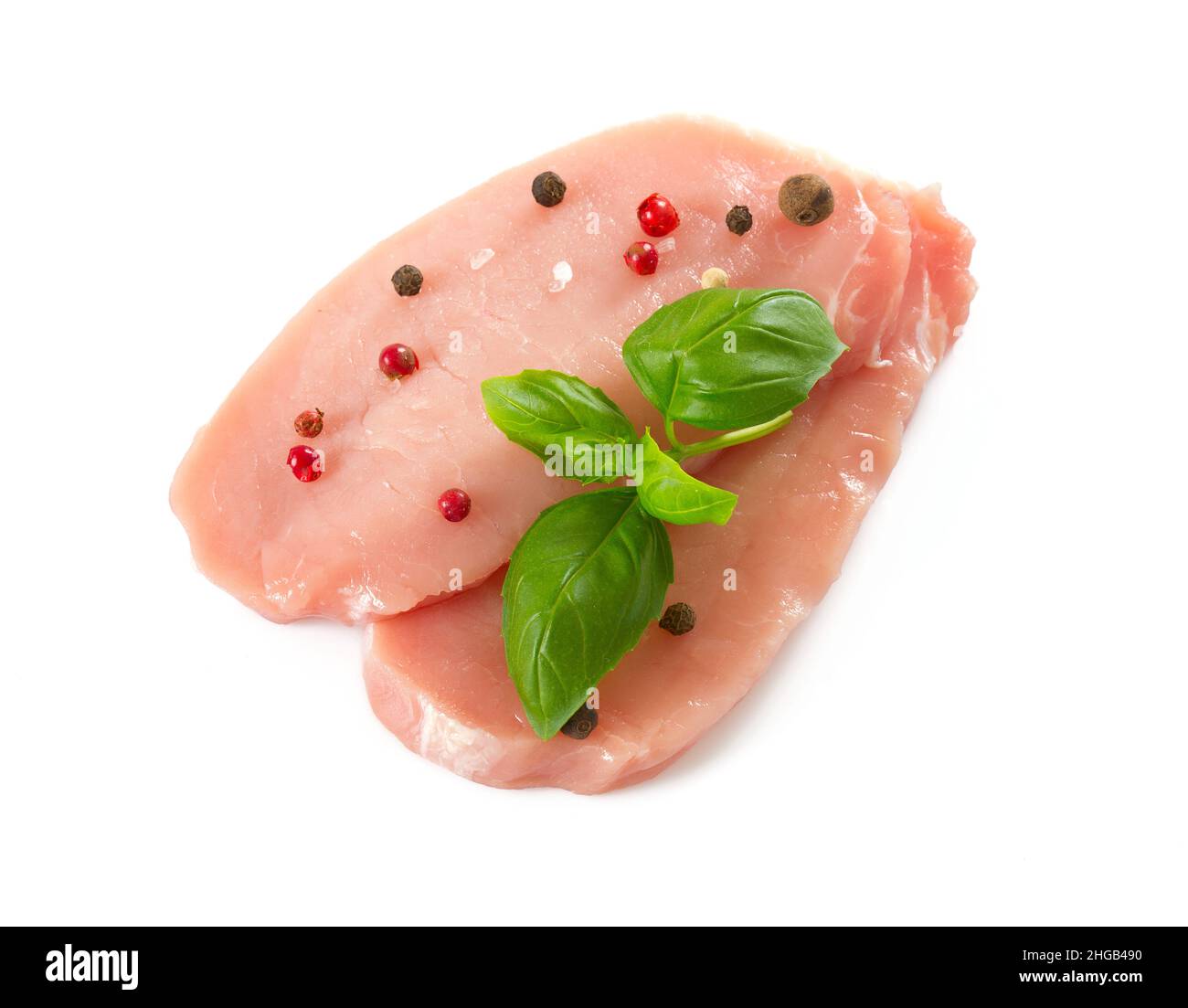 Rohes Schweinefleisch Stücke isoliert auf weißem Hintergrund Stockfoto