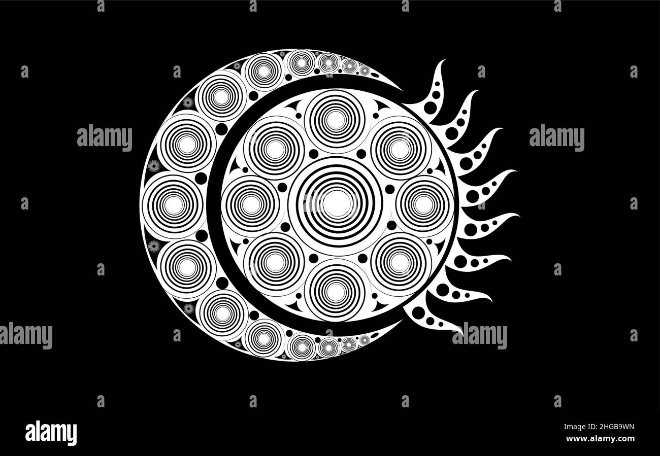 Spirale keltischer Mond und keltische Sonne, esoterische und okkulte Zeichen, Halbmondmuster, esoterische strahlende Sonne, Vektordarstellung isoliert auf Schwarz Stock Vektor