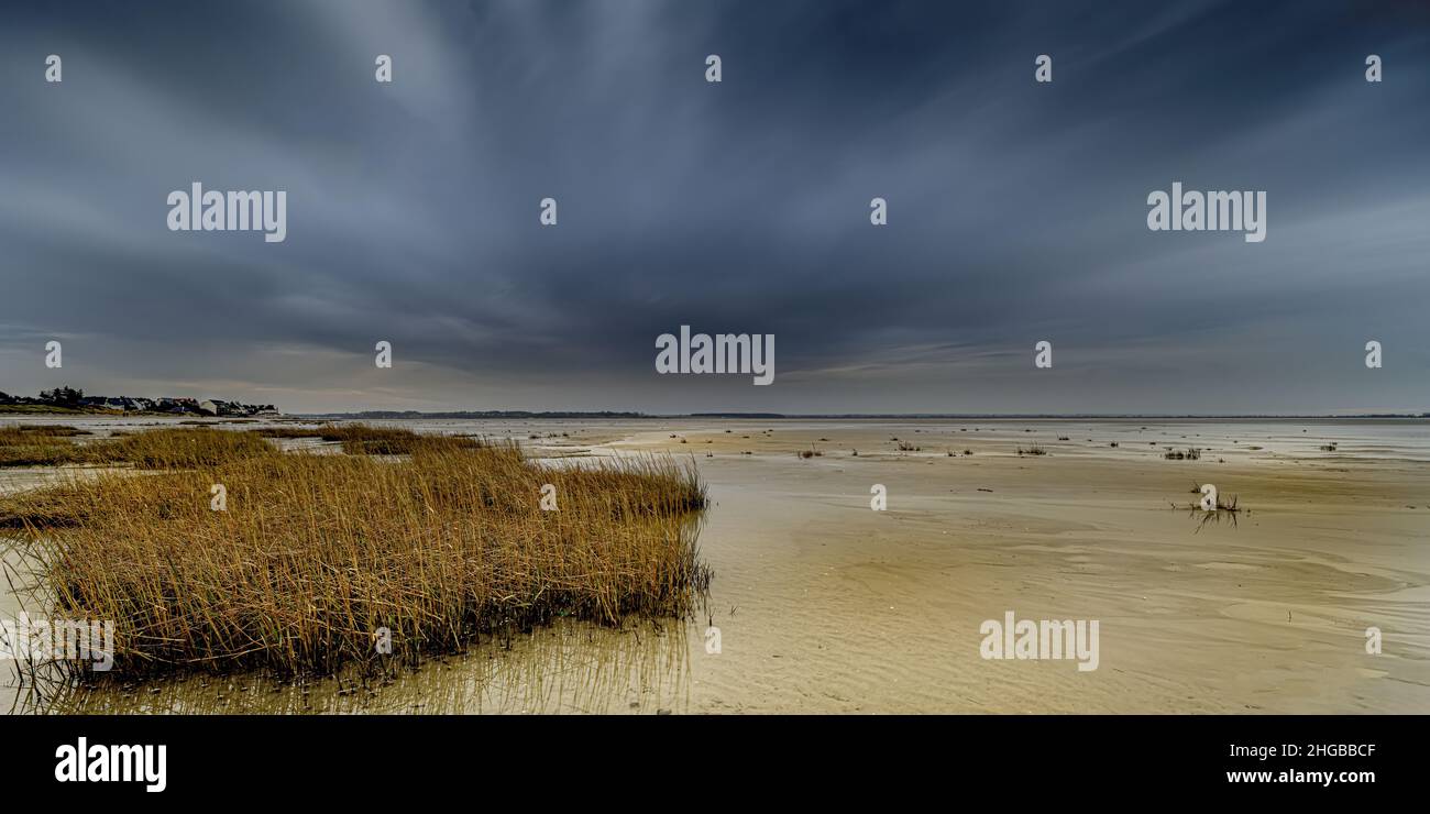 baie de Somme, lever de Soleil au cœur de la baie, le Crotoy et Sant Valery sur Somme à marée basse. Stockfoto