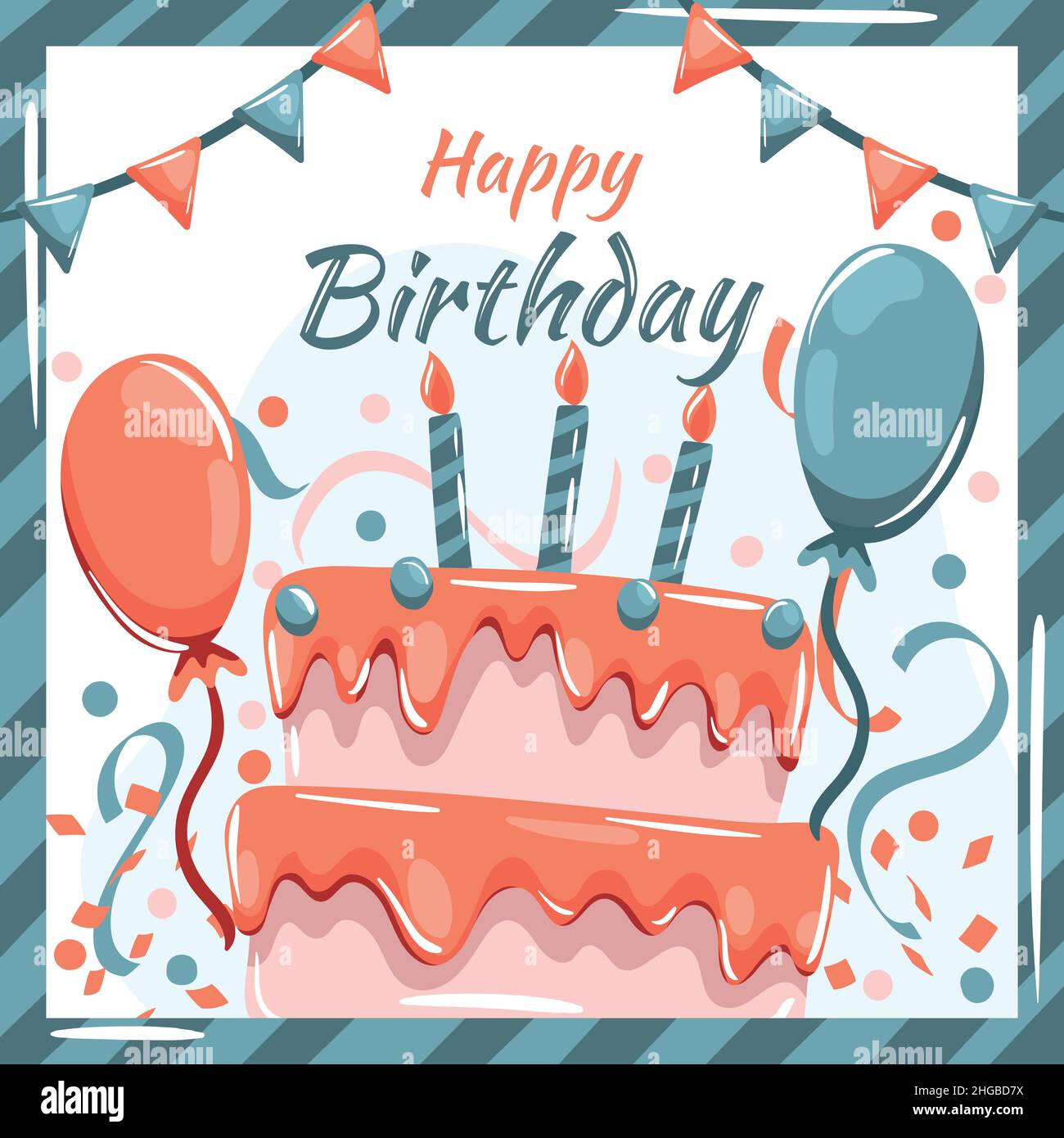 Glückwunschkarte zum Geburtstag mit Kuchen, Ballons und Konfetti Stock
