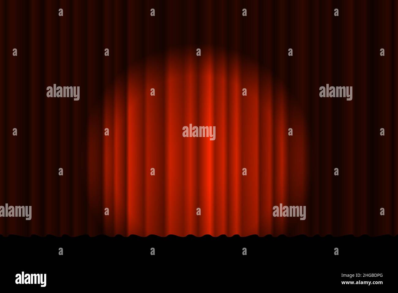 Geschlossener luxuriöser roter Vorhang mit vielen Schatten. Spotlight Strahl beleuchtete Bühne textilen Hintergrund. Eröffnungszeremonie mit Samtvorhängen und Theaterstücken. Vektorgradienten-eps-Abbildung Stock Vektor