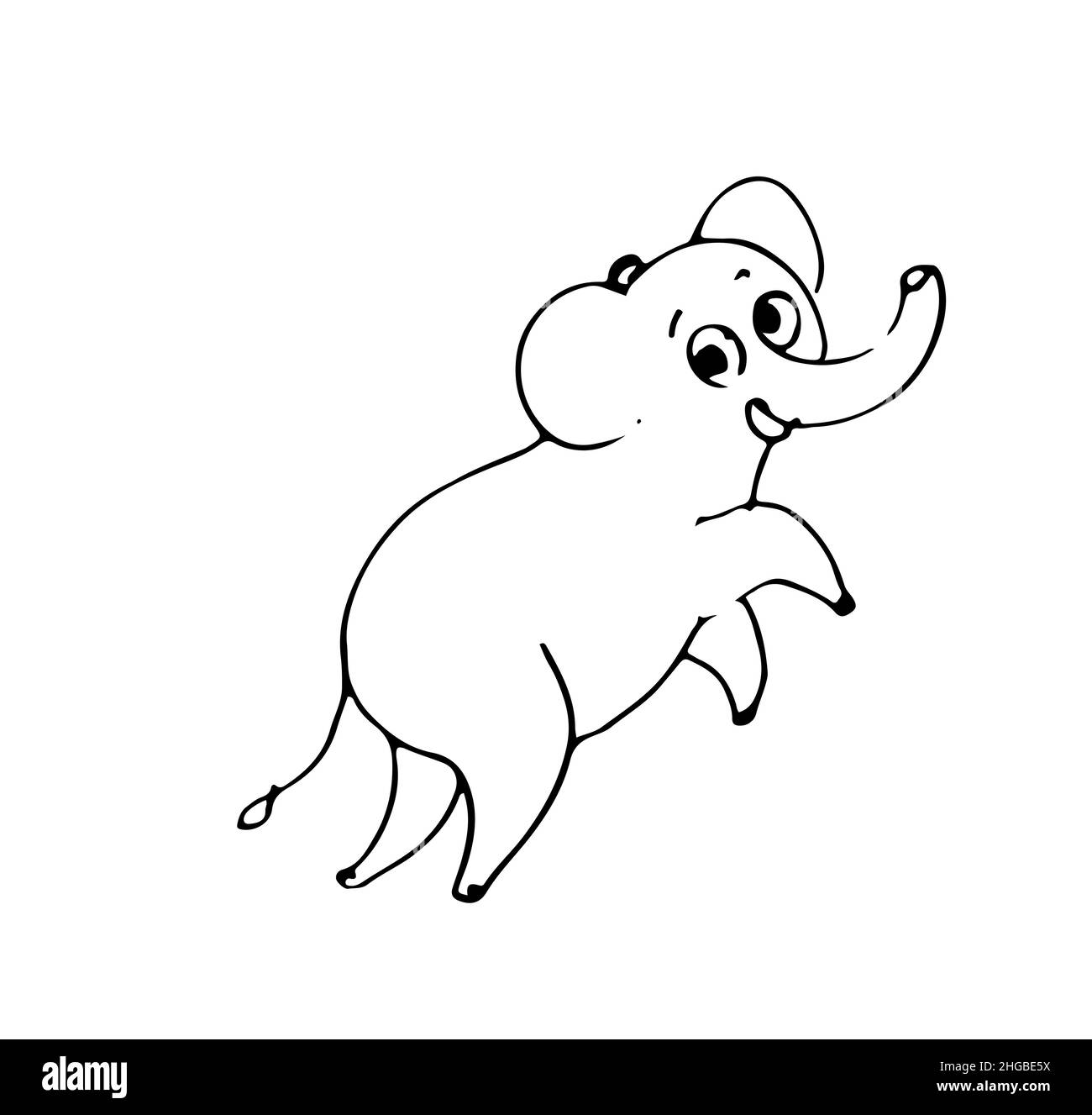 Fröhlicher Cartoon-Elefant. Lustige niedliche Tier. Skizze umreißen. Die Handzeichnung ist auf einem weißen Hintergrund isoliert. Vektor Stock Vektor