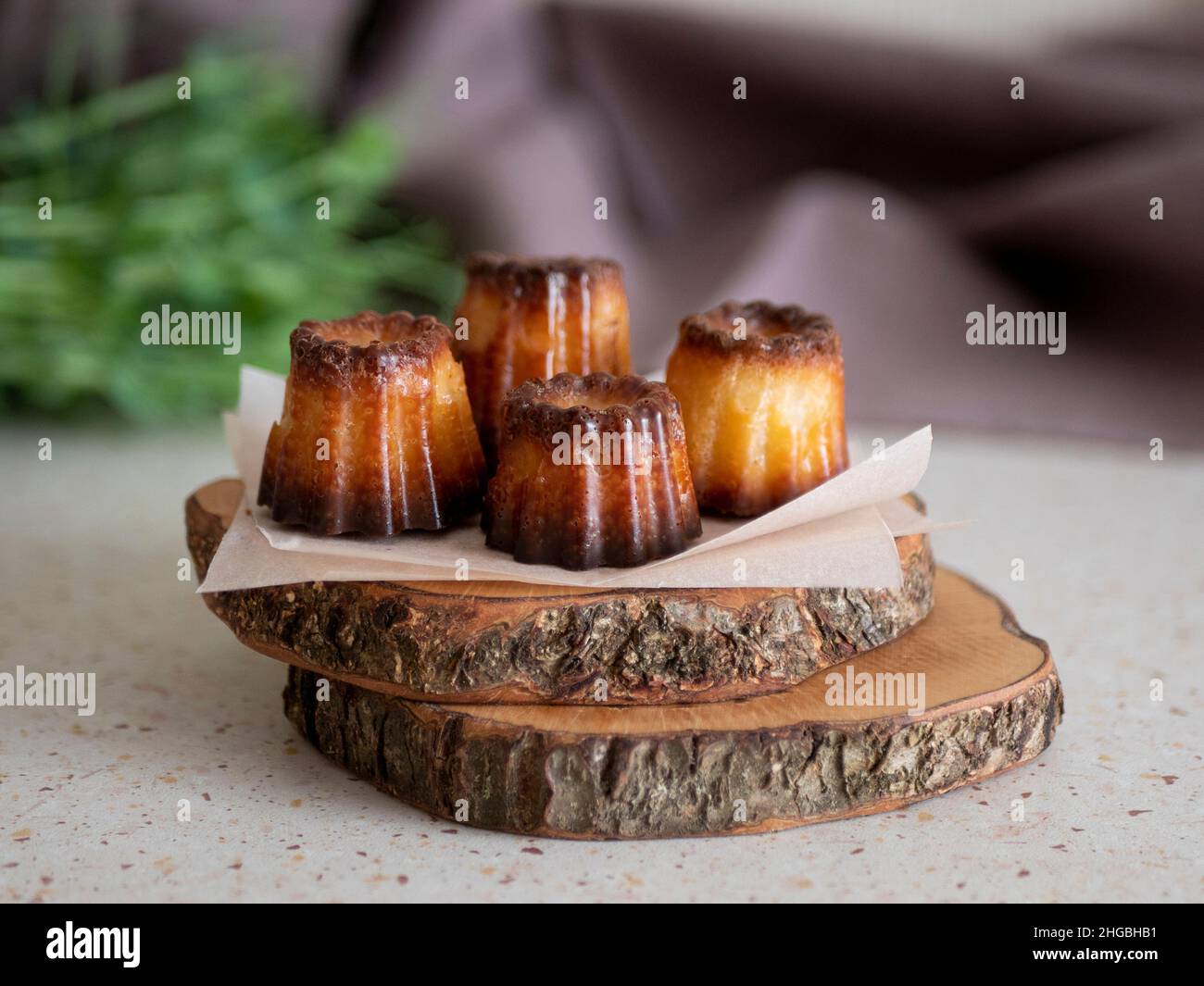 Mini-Kanelen mit goldener karamellisierter Schale auf den Baumquerschnitten, selektiver Fokus. Köstliches französisches Gebäck Stockfoto