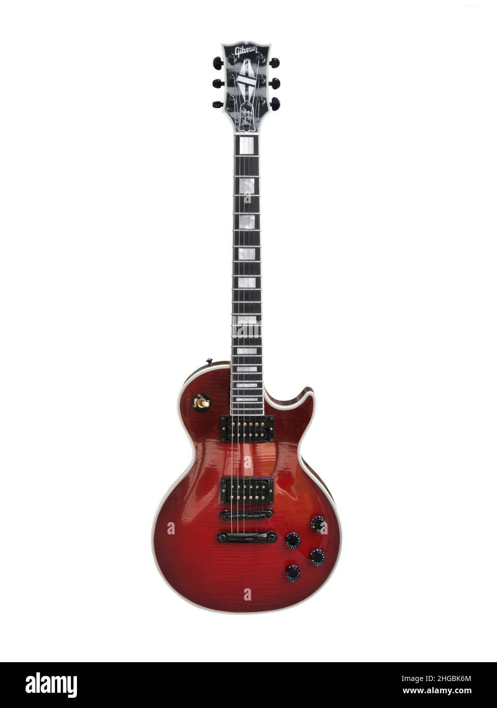 Illustratives redaktionelles Foto einer roten Gibson Les Paul Custom Gitarre mit weißem Hintergrund am 26. August 2009 in Los Angeles, Kalifornien, USA. Stockfoto