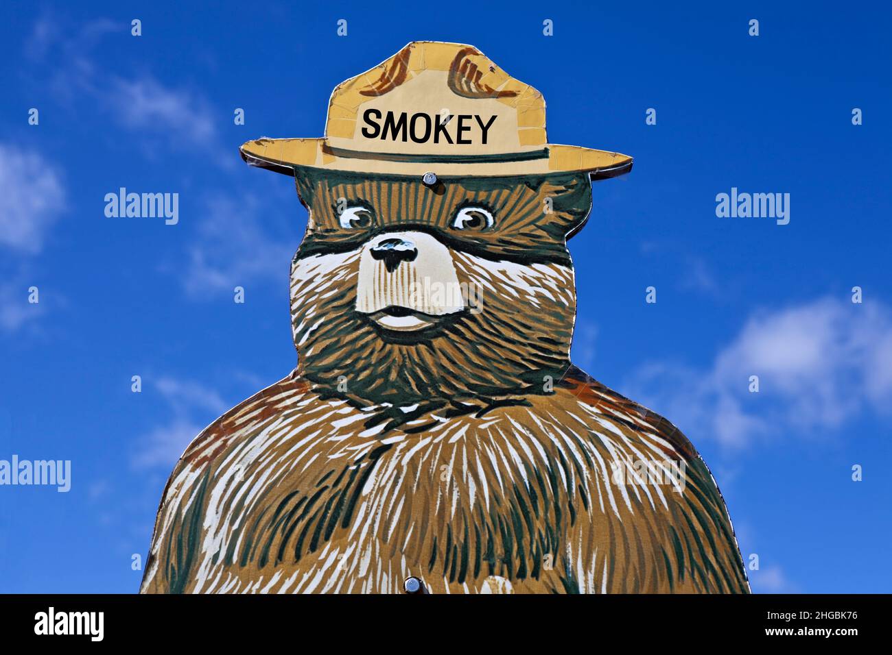 Smokey das Bärenwaldbrandschutzschild erzieht am 12. April 2012 in Santa Fe, New Mexico, USA, Kinder in die Verhütung von Waldbränden. Stockfoto