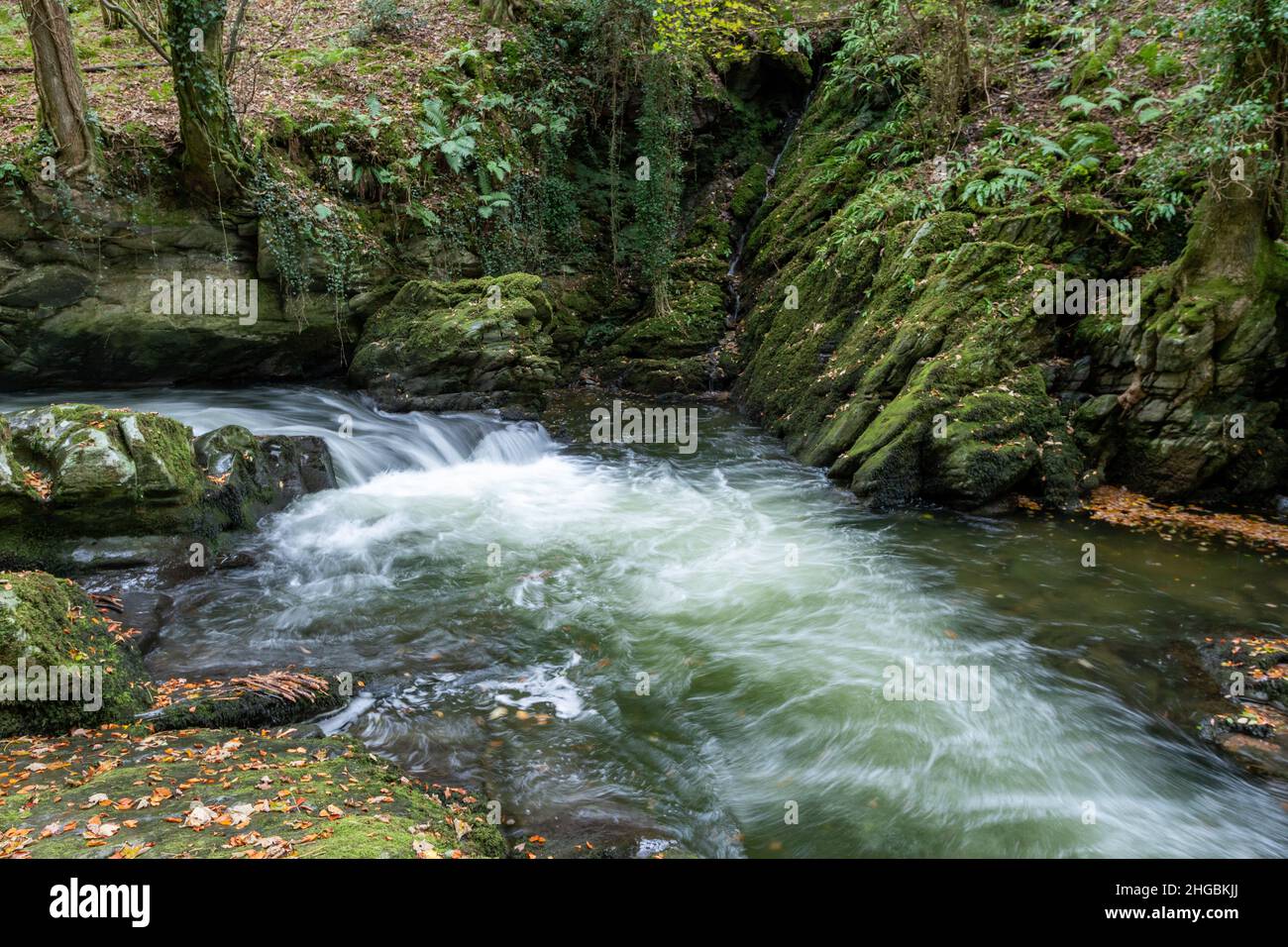 Lange Exposition eines Wasserfalls auf dem East Lyn Fluss Bei Watersmeet im Exmoor National Park Stockfoto