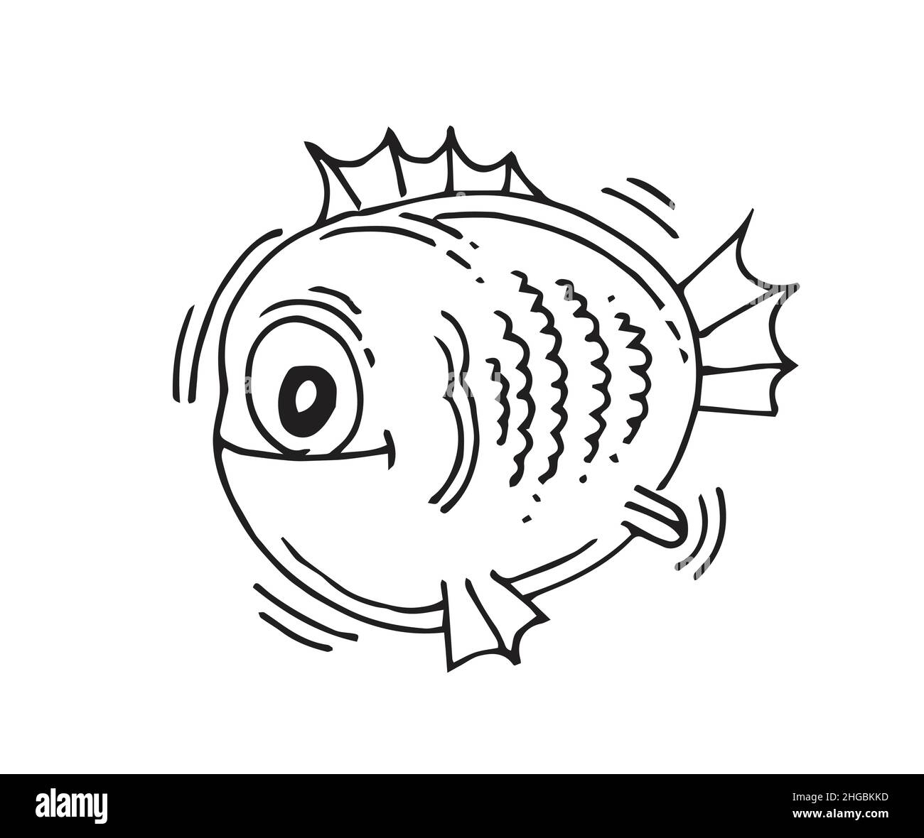 Lustige runde Fische. Cartoon Tier Charakter. Unterwasserwelt. Skizze umreißen. Die Handzeichnung ist auf einem weißen Hintergrund isoliert. Vektor Stock Vektor