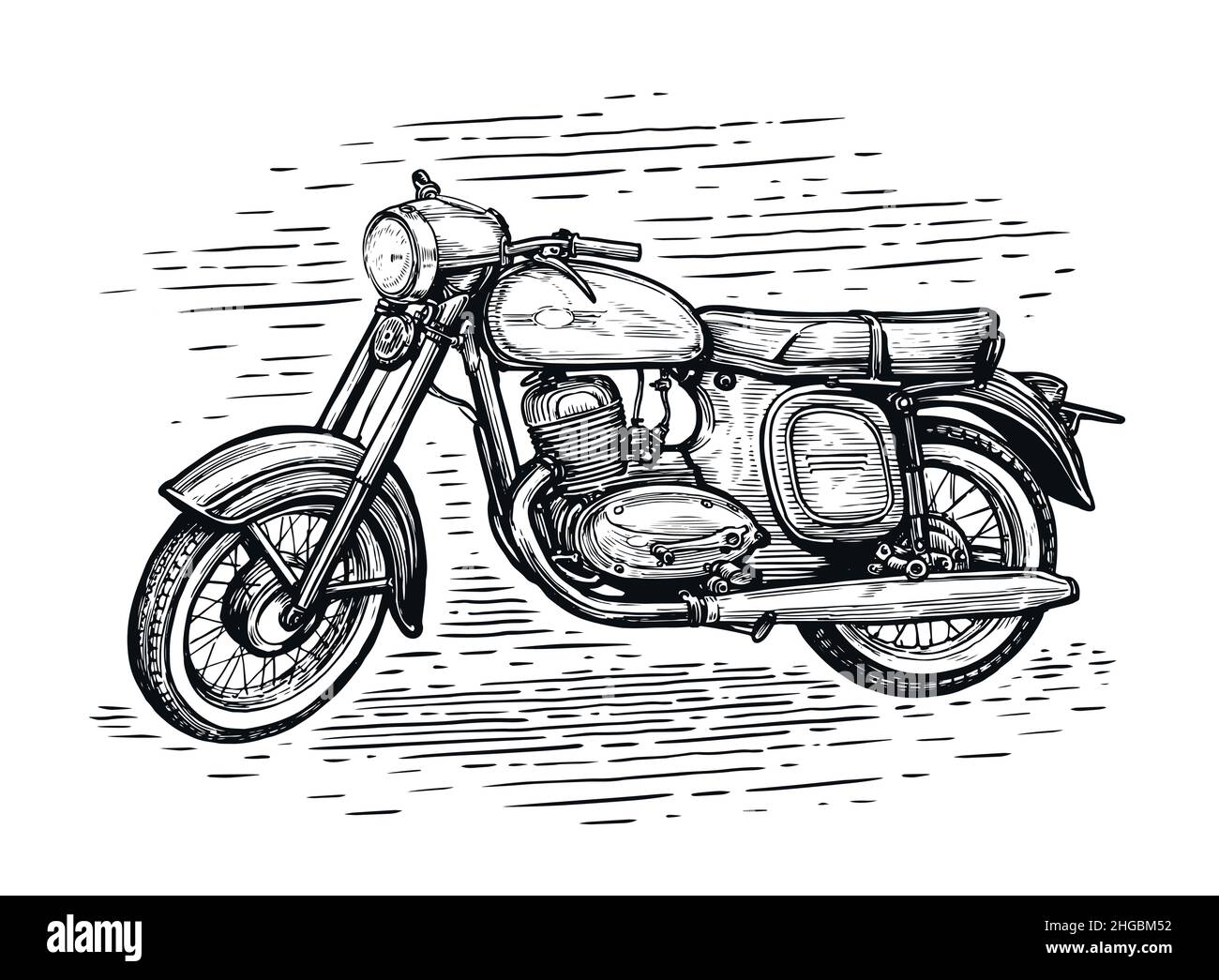 Oldtimer-Motorrad. Schwarze Zeichnung auf weißem Hintergrund isoliert. Vektorgrafik Stock Vektor