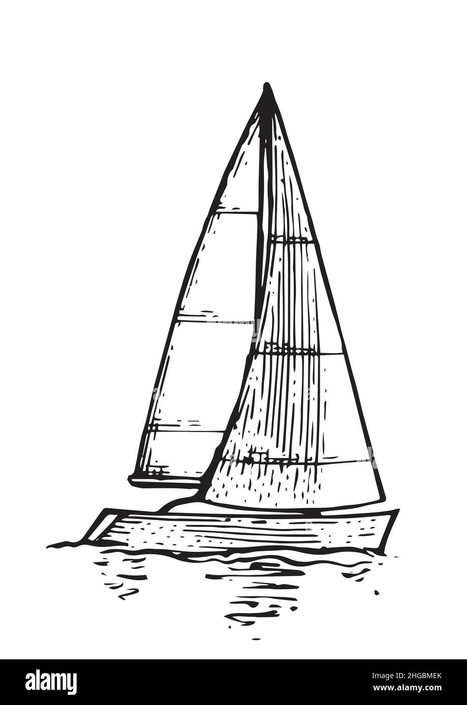 Segelyacht schwimmt auf Wellen. Seitenansicht. Kleines Schiff für Erholung und Reisen. Skizze umreißen. Handzeichnung isoliert auf weißem Hintergrund. Vektor Stock Vektor
