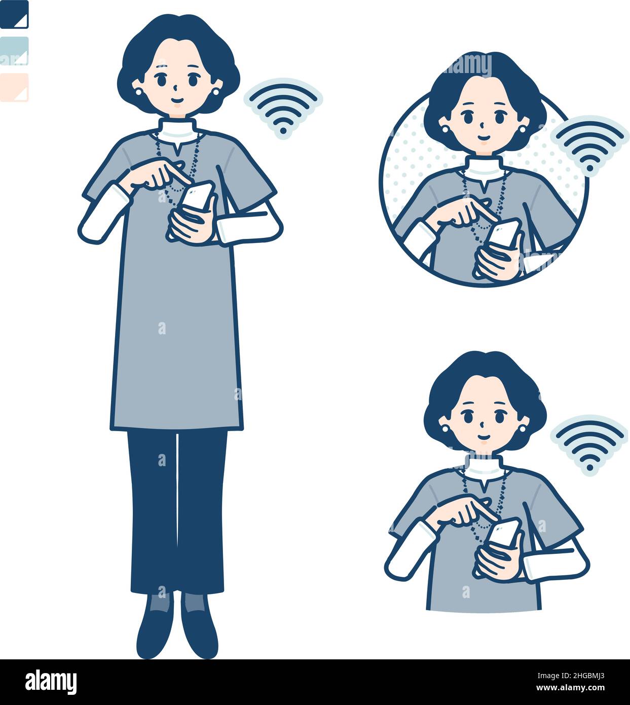 Frau mittleren Alters in einer Tunika mit Bedienung Smartphone-Bilder.Es ist Vektorgrafik, so ist es einfach zu bearbeiten. Stock Vektor