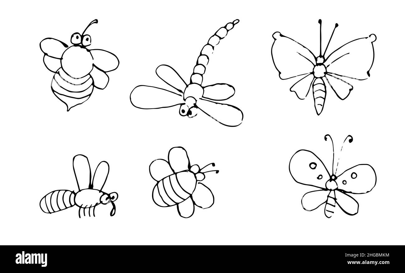 Set von witzigen komischen Insekten. Skizze umreißen. Die Handzeichnung ist auf einem weißen Hintergrund isoliert. Vektor Stock Vektor