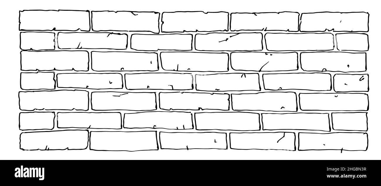 Ziegelsteinmauer. Skizze umreißen. Die Handzeichnung ist auf einem weißen Hintergrund isoliert. Vektor Stock Vektor