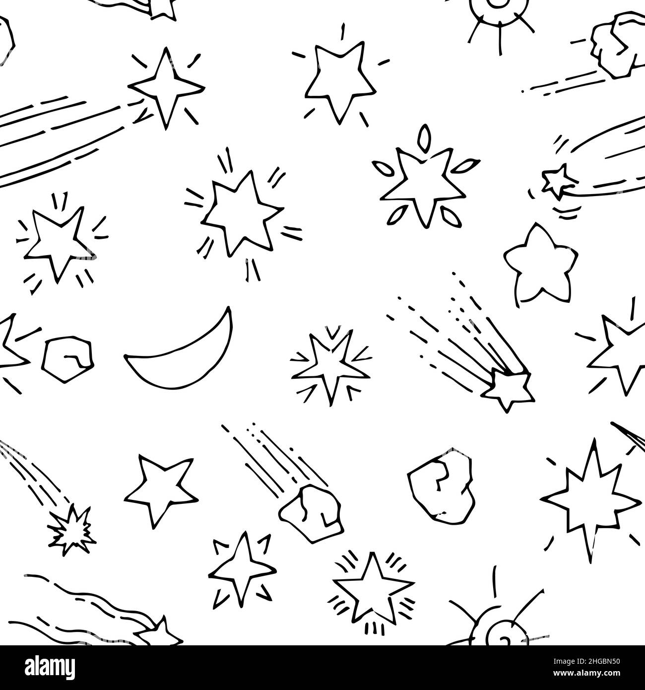 Leerraum im Hintergrund. Nahtloses Muster. Planeten und Sterne. Schönes Weltraumobjekt. Einfache Doodle-Zeichnung im kindischen Stil. Skizze umreißen. Handzeichnung Stock Vektor