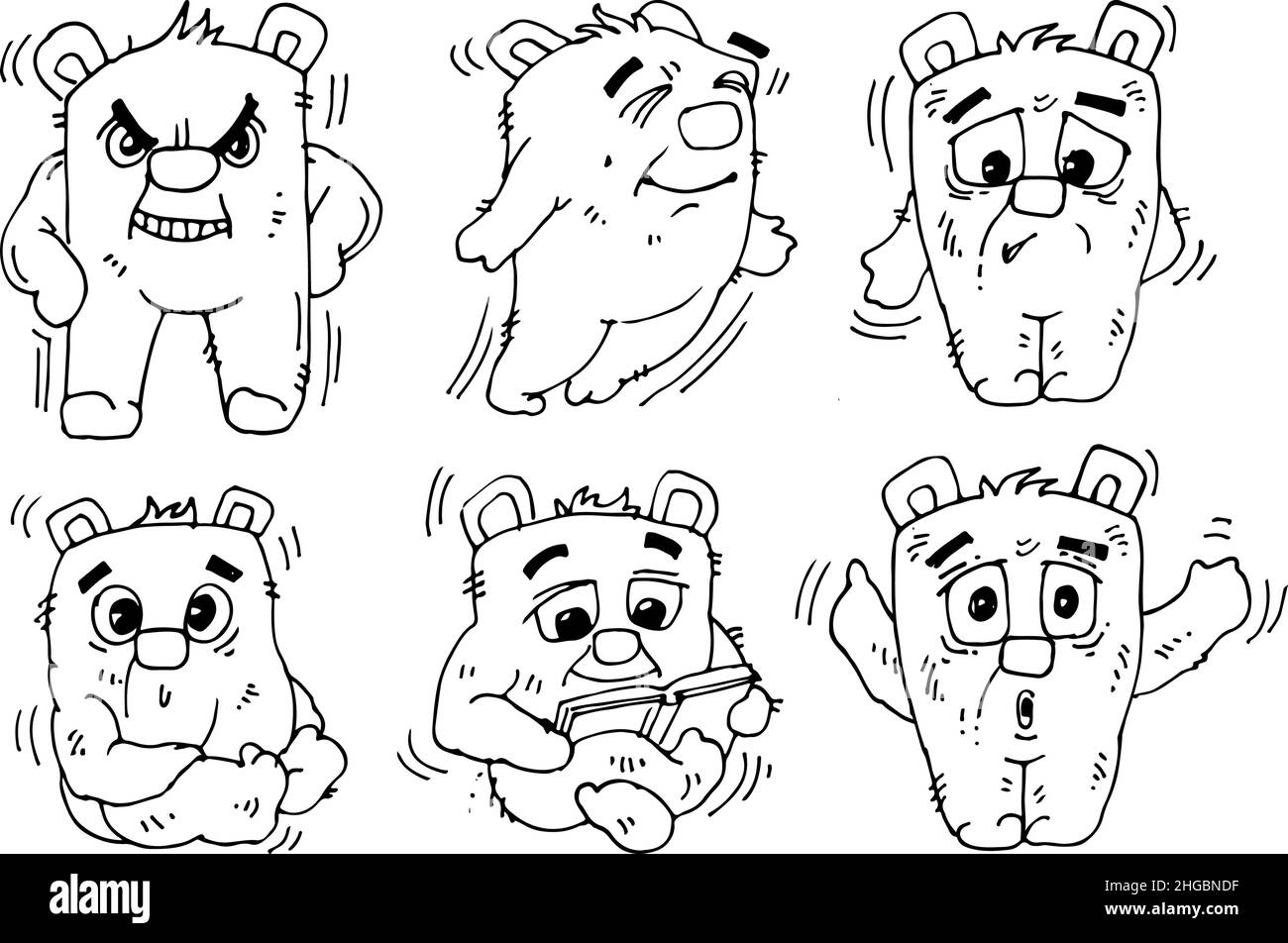 Set von fröhlichen Cartoon-Bären. Lustige niedliche Tier. Skizze umreißen. Die Handzeichnung ist auf einem weißen Hintergrund isoliert. Vektor Stock Vektor