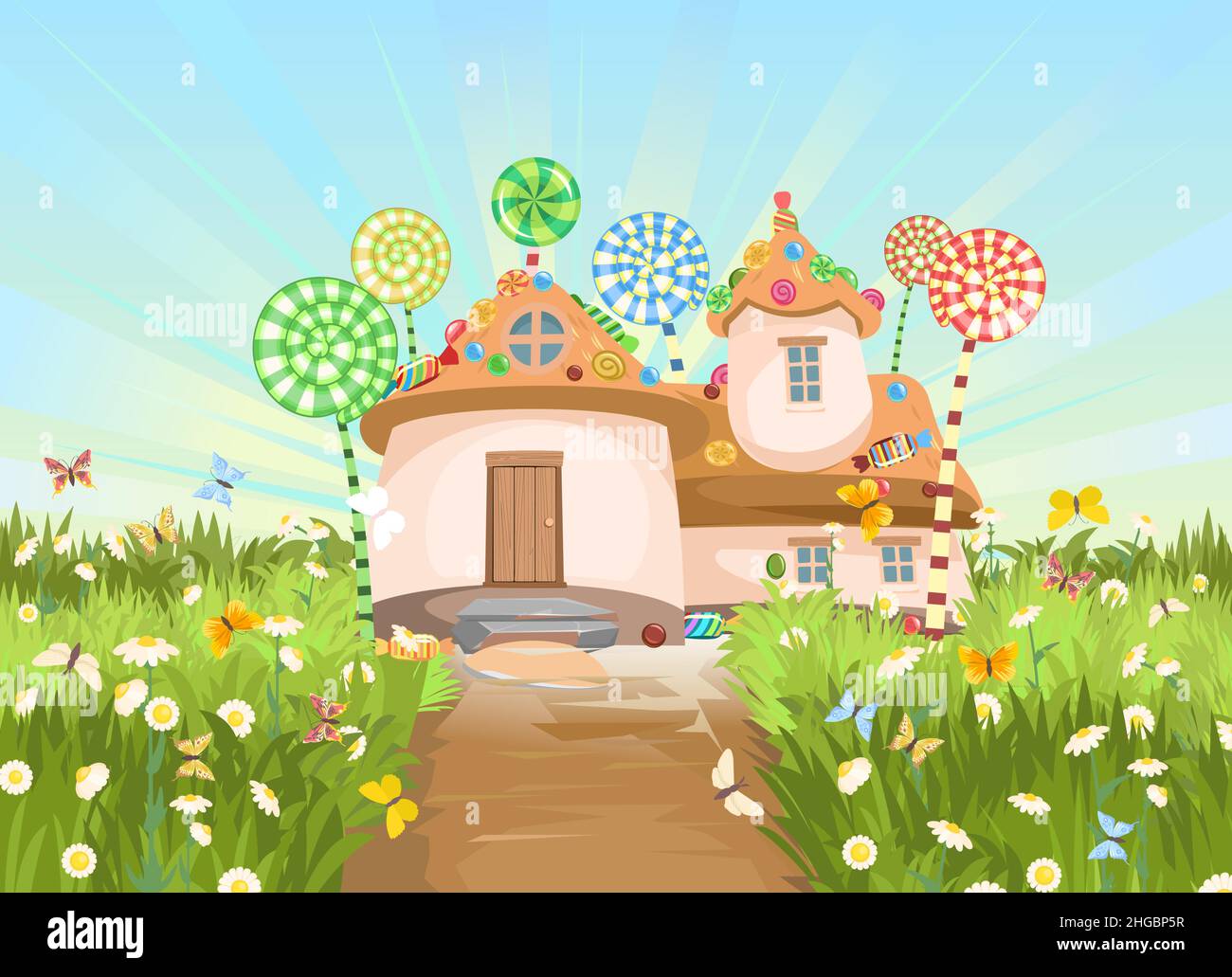 Süßigkeitenhütte auf Wiese mit Straße. Süßes Karamell-Feenhaus. Sommer niedliche Landschaft. Illustration im Cartoon-Stil flache Design. Bild für Kinder Stock Vektor