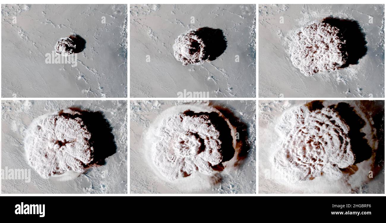Sequenz von Standbildern, die den heftigen Ausbruch und die massive Pilzwolke zeigen, während sie vulkanische Asche aus dem Unterwasser-Vulkan Hunga Tonga-Hunga Haʻapai explodiert, aufgenommen vom GOES-West-Satelliten über dem Südpazifik, 15. Januar 2022 auf den Tonga-Inseln. Die Explosion schickte eine Aschewolke 100.000 Fuß in die obere Atmosphäre und Tsunami-Wellen bis nach Kalifornien. Stockfoto
