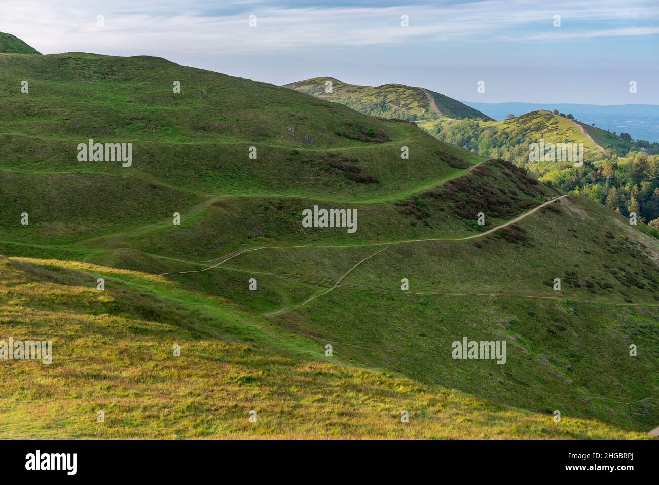 Niedrig angewinkelte Sommermorgensonne, die den Gipfel und die Wege der Malvern Hills beschneiden, strukturierte üppige, grüne, grasbedeckte Hänge und detaillierte Grate, Stockfoto