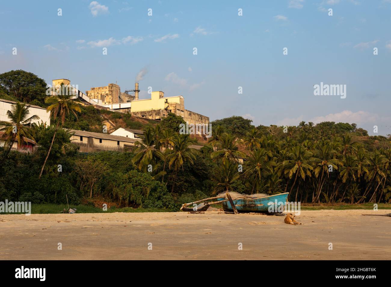 Massive Zuari Agro Chemicals Limited Industrie, versteckt hinter Kokospalmen, mit Blick auf den Velsao Strand in der Nähe von Sankval, Mormugao, Goa, Indien Stockfoto