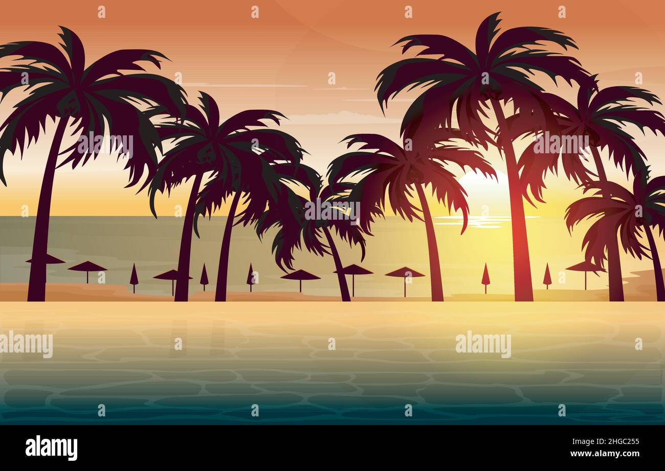 Wunderschöner Sonnenuntergang, Palm Coconut Bali, Strandurlaub, Landschaftsansicht, Illustration Stock Vektor