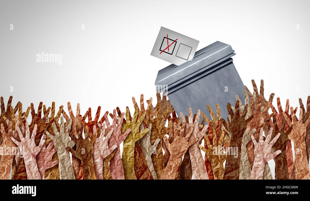 Wahlrecht und Wahlrecht Wahlkonzept als Symbol für einen Wahlwähler mit verschiedenen Menschen als Wähler, die einen politischen Stimmzettel abgeben. Stockfoto