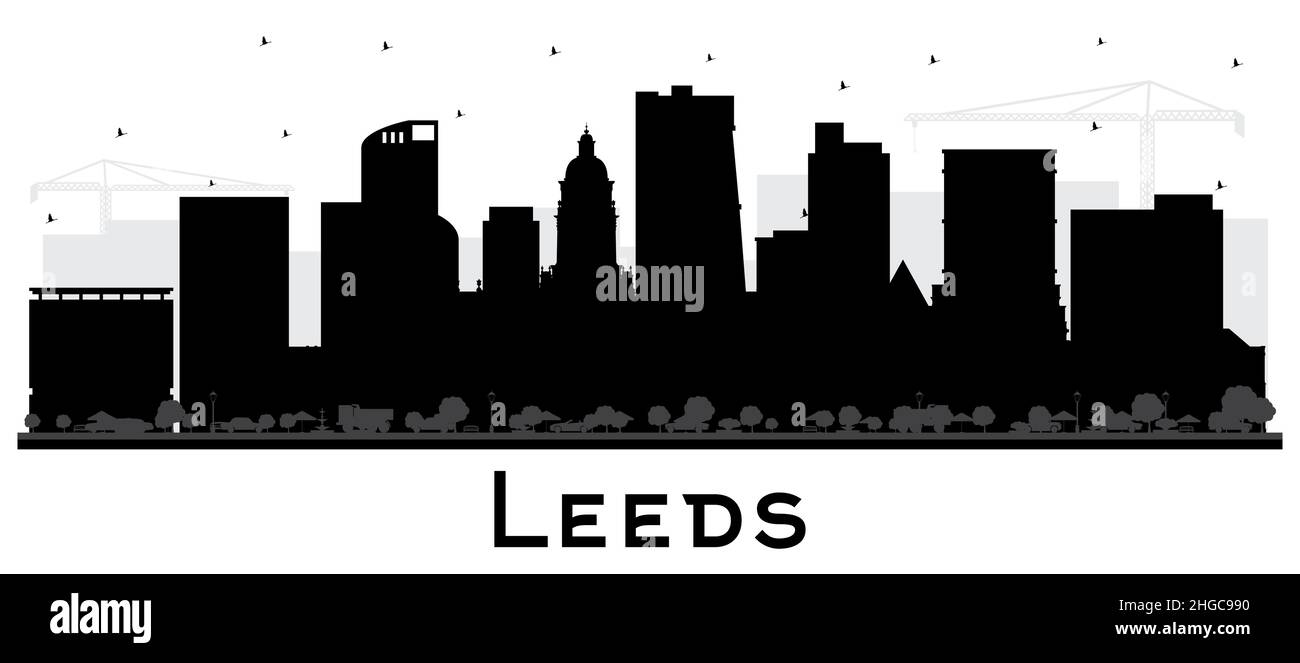 Leeds UK City Skyline Silhouette mit schwarzen Gebäuden isoliert auf Weiß. Vektorgrafik. Leeds Yorkshire Stadtbild mit Wahrzeichen. Stock Vektor