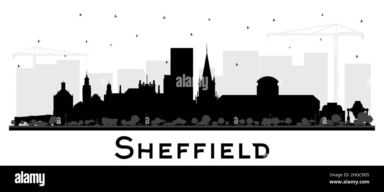 Sheffield UK City Skyline Silhouette mit schwarzen Gebäuden isoliert auf Weiß. Vektorgrafik. Stadtbild von Sheffield South Yorkshire mit Wahrzeichen. Stock Vektor