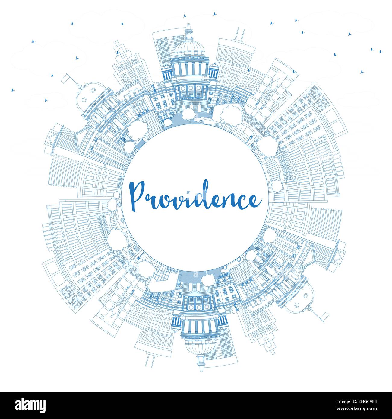 Skizzieren Sie die Skyline von Providence Rhode Island City mit blauen Gebäuden und Kopierräumen. Vektorgrafik. Providence USA Stadtbild mit Wahrzeichen. Stock Vektor