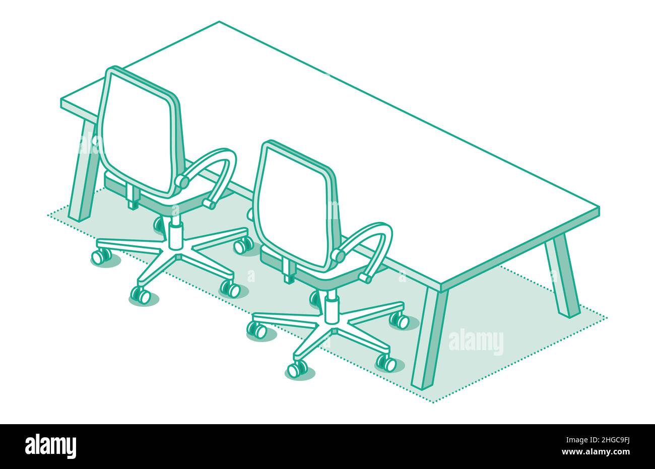 Zwei isometrische Bürostühle auf Rädern und ein moderner Tisch mit vier Beinen. Vektorgrafik. Symbol „Umriss Schreibtischstuhl“. Möbel für den Innenbereich. Stock Vektor