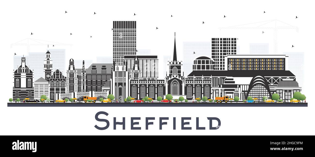 Sheffield Skyline von Großbritannien mit farbigen Gebäuden isoliert auf Weiß. Vektorgrafik. Stadtbild von Sheffield South Yorkshire mit Wahrzeichen. Stock Vektor