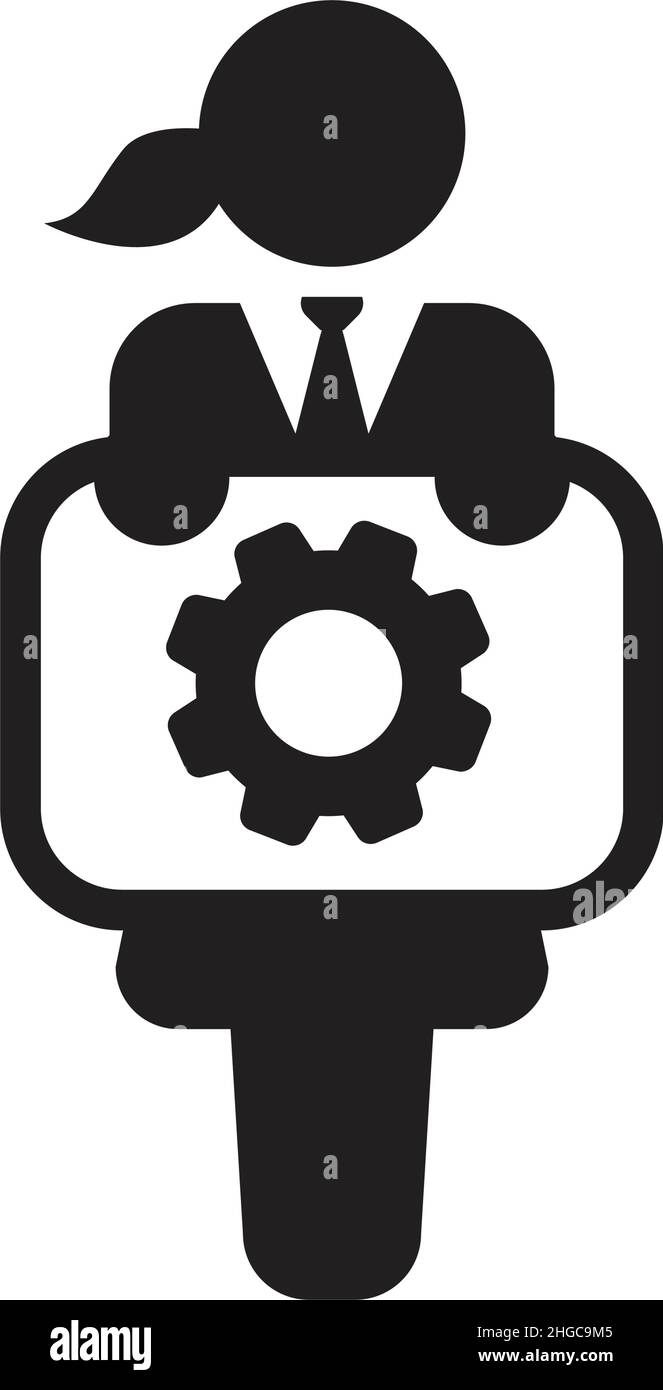 Business Icon Vektor, weibliche Person mit Zahnradsymbol an Bord für Finanzen und Marketing in einem Glyphen Piktogramm Illustration Stock Vektor