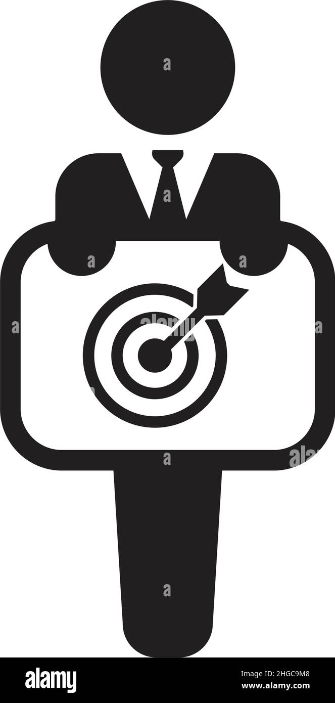 Business Icon Vektor, männliche Person mit Dartboard Symbol an Bord für Marketing-Lösungen in einer Glyphe Piktogramm Illustration Stock Vektor