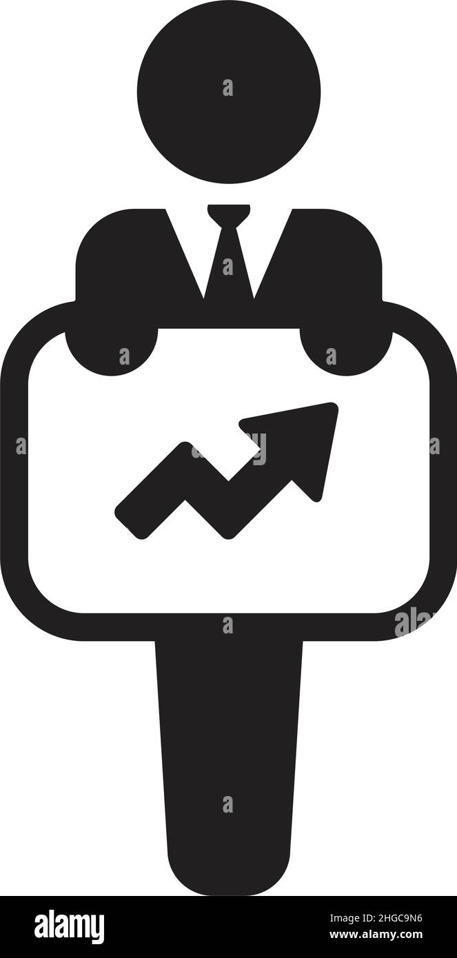 Business Icon Vektor, männliche Person mit Wachstumspfeil Symbol an Bord für den Handel in einer Glyphe Piktogramm Illustration Stock Vektor