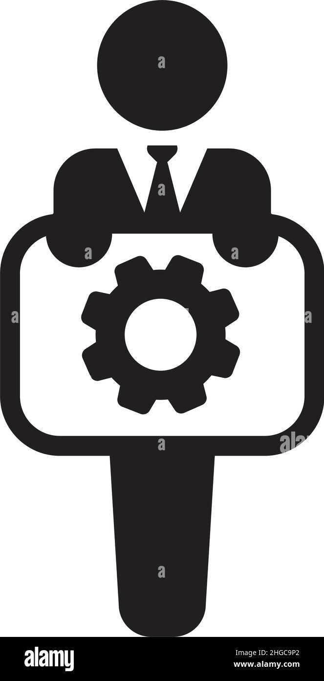 Business Icon Vektor, männliche Person mit Zahnradsymbol an Bord für Finanzen und Marketing in einer Glyphe Piktogramm Illustration Stock Vektor
