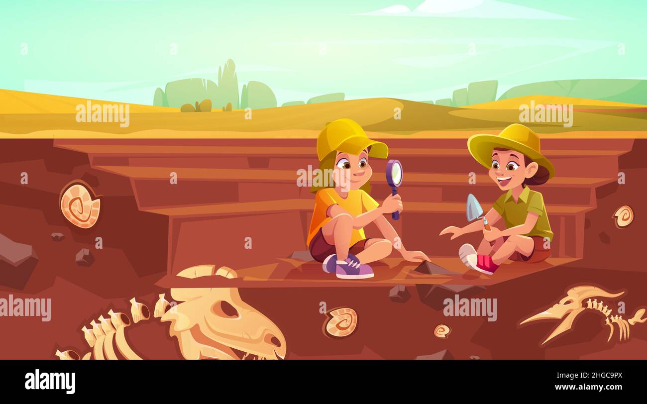 Kinder tun Ausgrabung fossilen Dinosaurier. Kinder in Hüten spielen in Archäologen und Paläontologen. Vektor-Cartoon-Illustration mit Jungen und Mädchen entdecken begraben Skelette und Muscheln in graben Stock Vektor