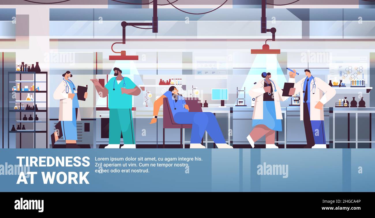 Gestresst überarbeiteten Forscher schlafen im Sessel müde verärgert Wissenschaftler Arbeit Stress Krankenhaus Labor Innenraum Stock Vektor