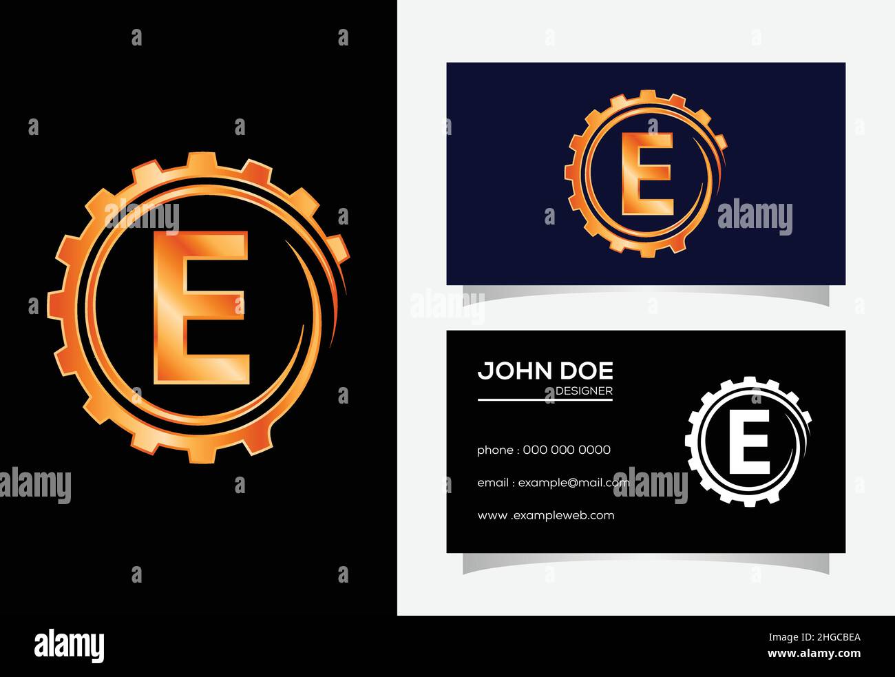 Anfängliches E-Monogramm-Alphabet in einer Zahnradspirale. Logo des Zahnradtechnikers. Logo für die Automobilindustrie Stock Vektor