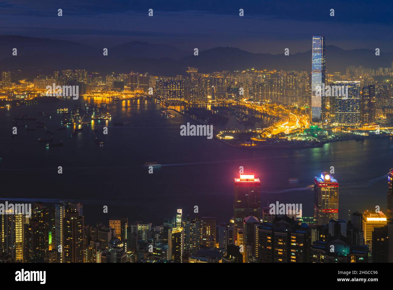 Nachtansicht von hongkong vom Victoria Peak in china Stockfoto