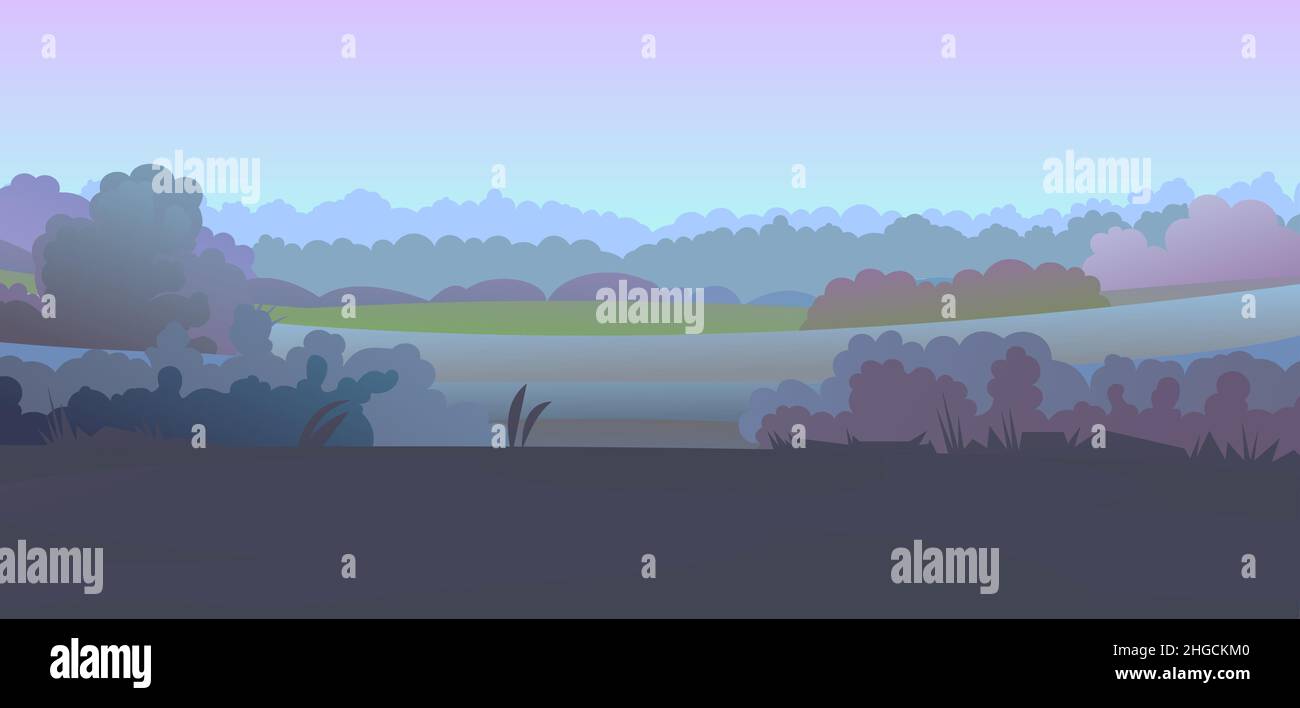 Abendlandschaft. Ländliche Landschaft schöne Aussicht. Dämmerung nach Sonnenuntergang. In rosa und lila Farben. Früh am Morgen vor Sonnenaufgang. Felder und Mea Stock Vektor