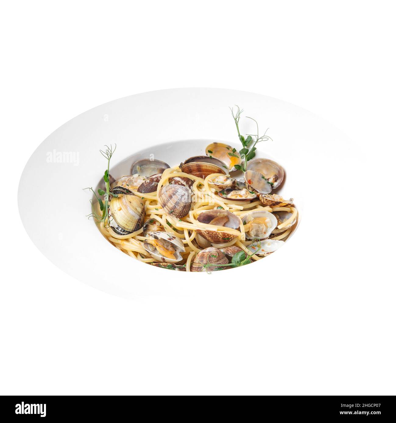 Isolierte Gourmet-Muscheln Linguine Pasta alle vongole Stockfoto
