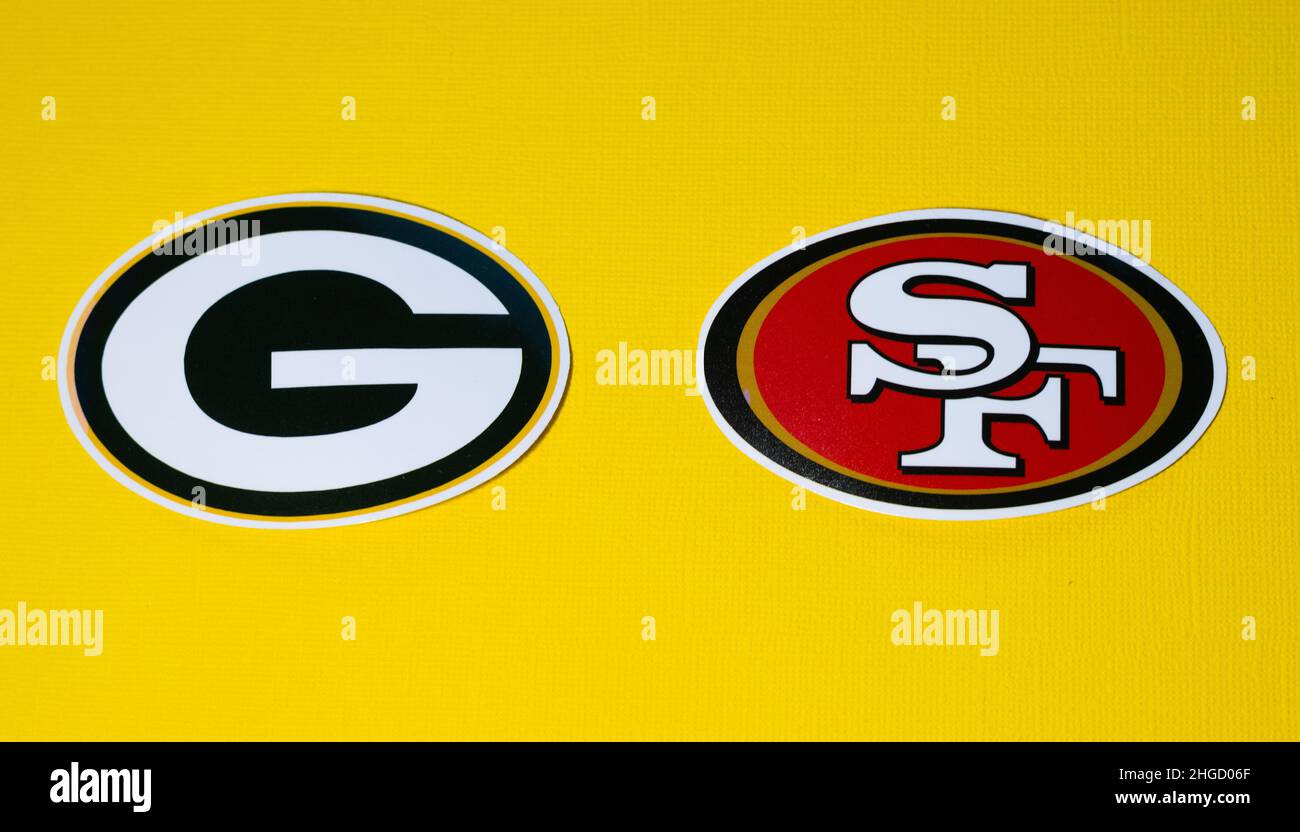 18. Januar 2022. Green Bay, Wisconsin. Die Embleme der Fußballvereine der Playoffs der National Football League Saison 2021/2022 San Francis Stockfoto