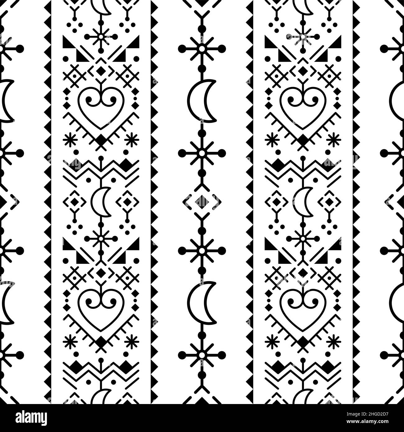 Geometrische Tribal oder Neotribal Linie Art Vektor nahtlose patten mit Monden, Herzen und abstrakten Formen, Textil-oder Stoffdruck Design-Set inspiriert von o Stock Vektor