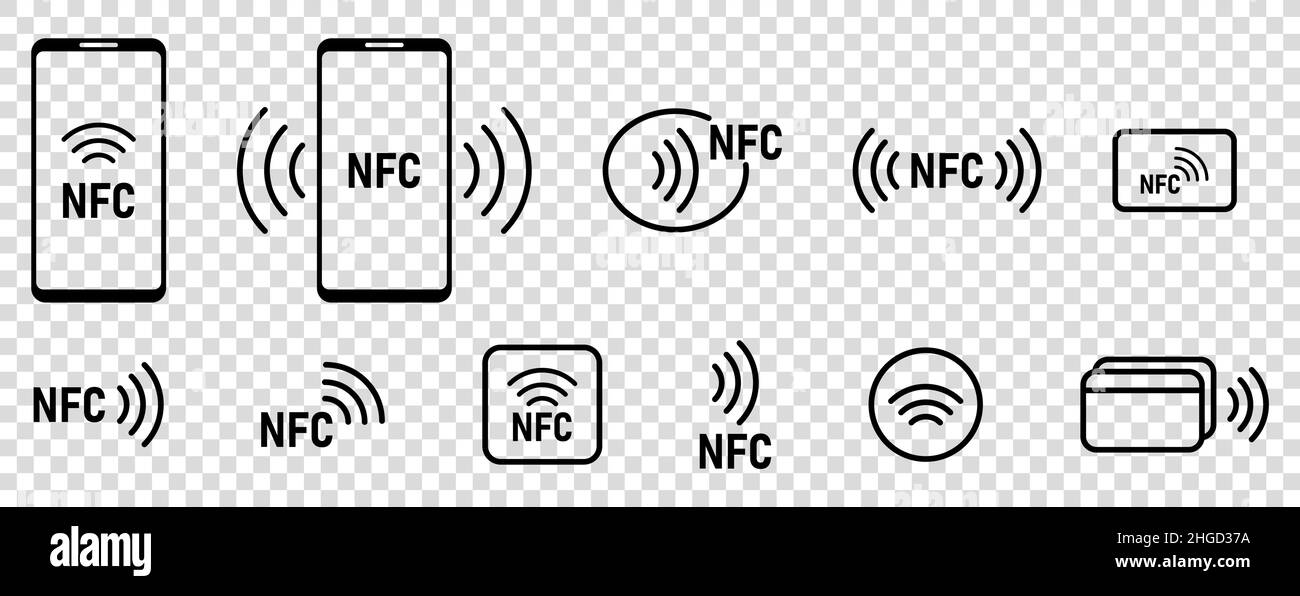 Set von NFC-Symbolen. Symbole für die drahtlose Zahlungstechnologie. Linienkunst. Vektordarstellung auf transparentem Hintergrund isoliert Stock Vektor
