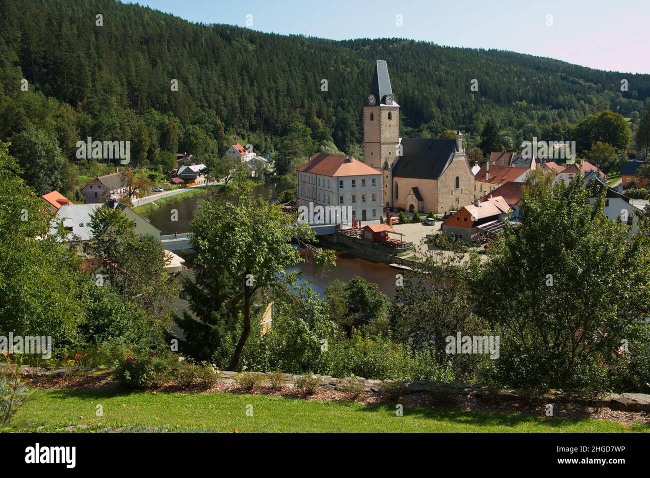 Ansicht von Rozmberk nad Vltavou aus dem Schloss, Südböhmische Region, Tschechische republik, Europa Stockfoto