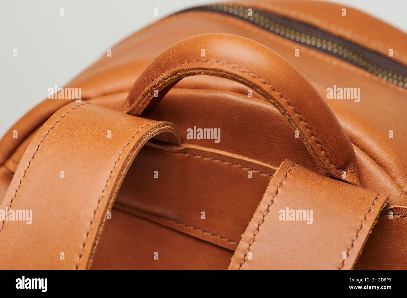 Ledertasche in brauner Farbe, Makroansicht Stockfoto