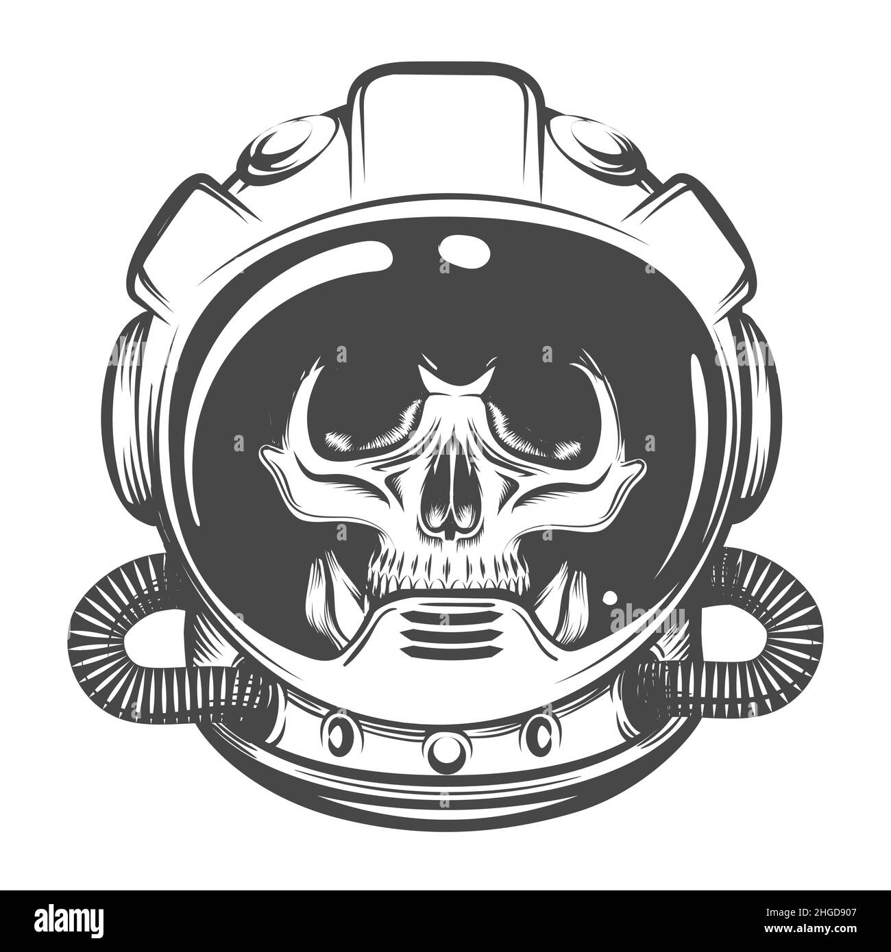 Tattoo of Skull in Astronaut Helm isoliert auf weiß. Vektorgrafik. Stock Vektor