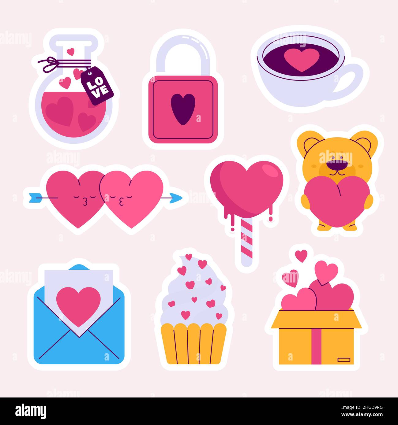 Flache Valentinstag Aufkleber Set Vektor Illustration. Stock Vektor