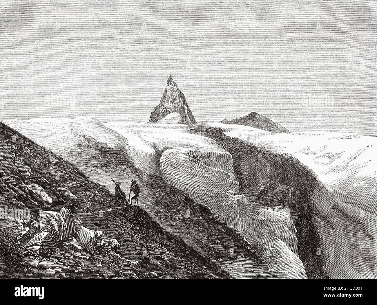 Das Matterhorn und der Furka-Gletscher, Schweiz. Alte 19th-Jahrhundert-Illustration von Beobachtungen auf Gletschern des Viege- und Monte-Rosa-Massivs im Jahr 1866 von Charles Grad, Le Tour du Monde 1870 Stockfoto